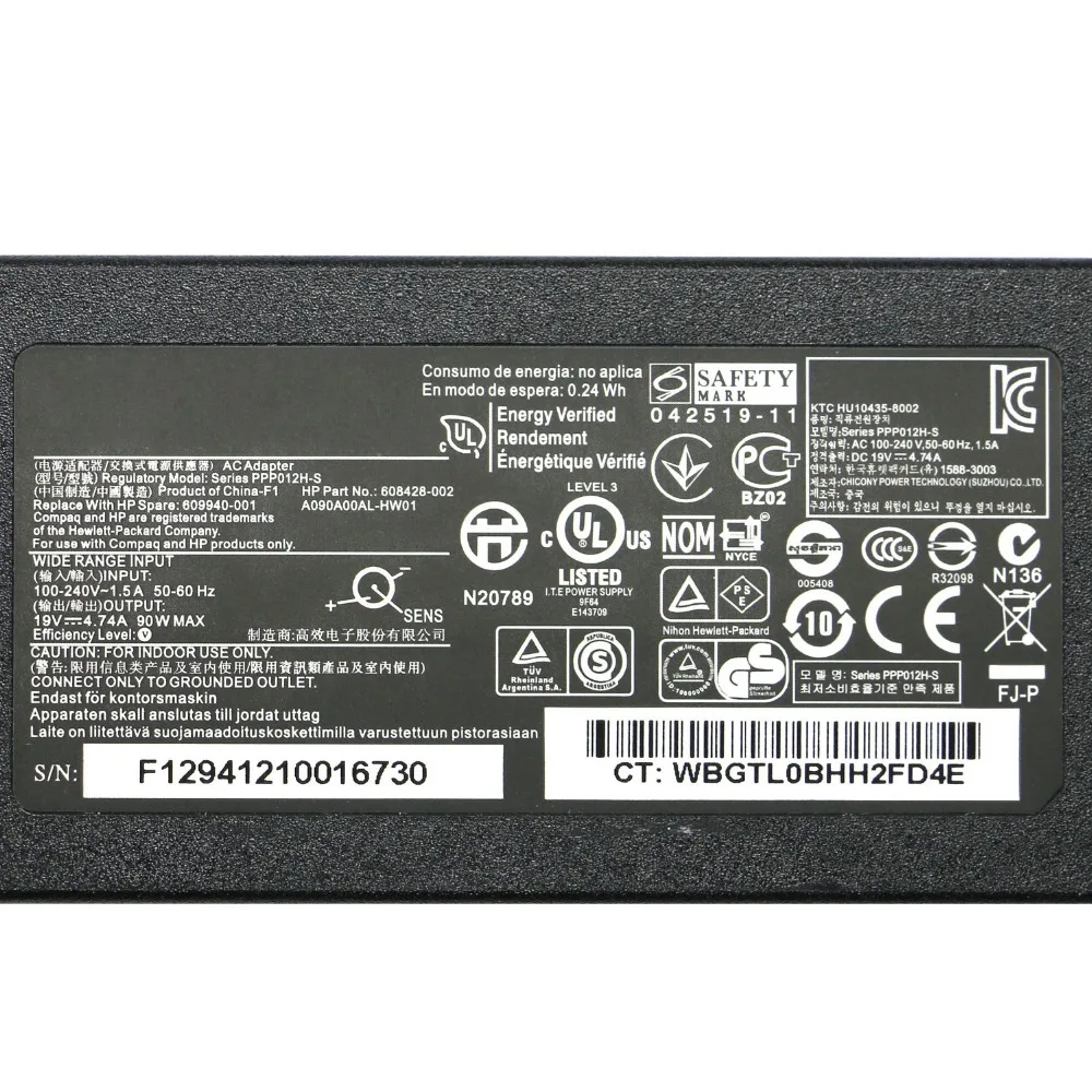 100% Оригинальный 19V 4.74A 90W адаптер питания для HP Pavilion DV3 DV4 DV5 G4 G6 G7 609940-001 608428-002 PPP012H-S
