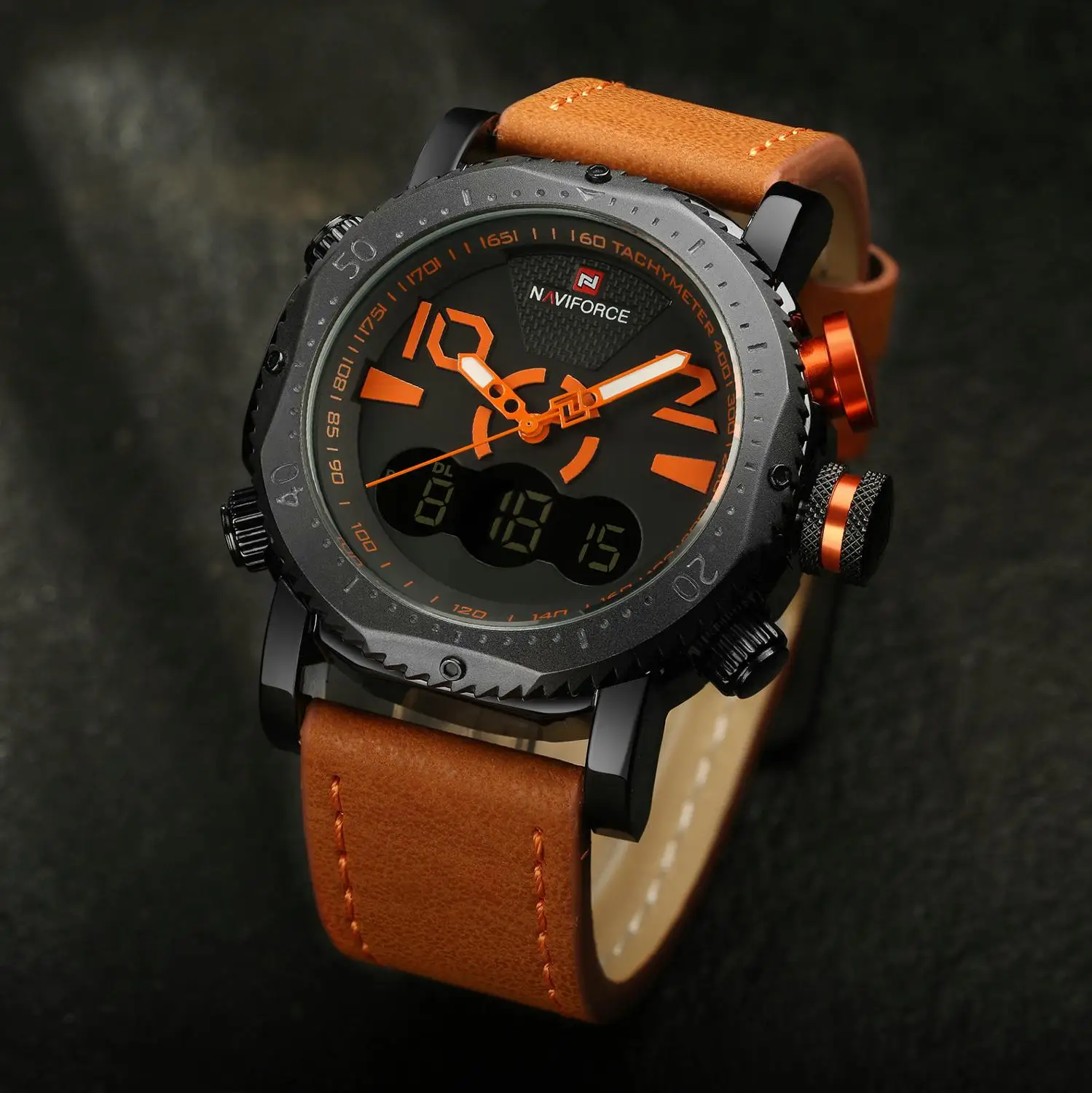 NAVIFORCE Военный Спортивный Двойной кварцевый светодиодный цифровой аналоговый часы оранжевый кожаный ремешок водонепроницаемые мужские часы лучший бренд класса люкс