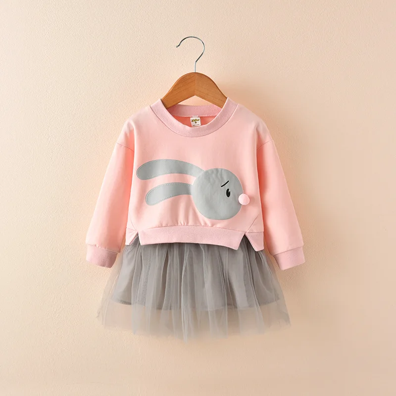 Autumn Kids Baby Girls Clothes Cartoon Bunny Princess Patchwork Sweatshirt Tulle Dress roupa infantil | Детская одежда и обувь