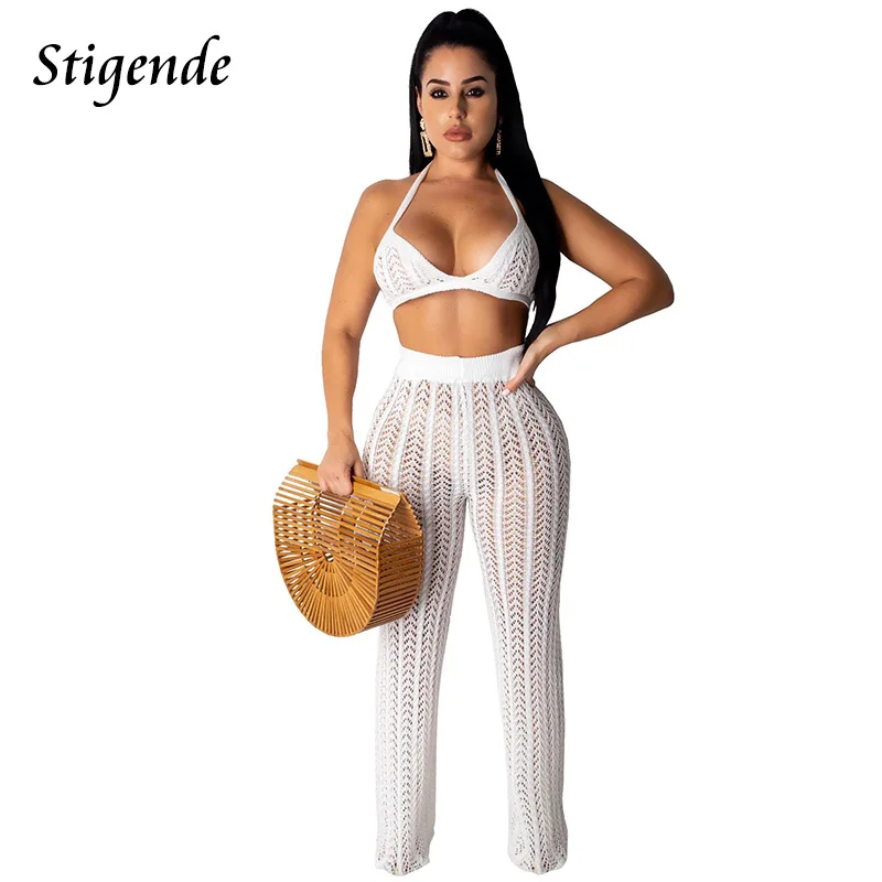 Stigende Women Sexy Two Piece Crochet Set Summer Beach Cover Up Hollow Out 2 Piece Knitted Pants Sets Solid Color Lady Swimsuit