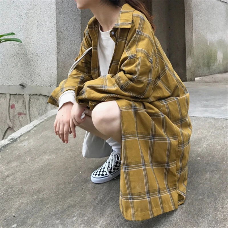 Harajuku Oversized Long Loose Casual Plaid Shirts Women 2019 Spring And Summer Korean Sleeve Blouses Vintage Female Tops |