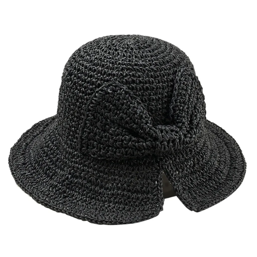 Black Модная Солнцезащитная шляпа с бантом Raffia, широкие свисающие поля, летние шляпы для женщин, Пляжная Панама, соломенный котелок, Панама, пляжная шляпа, Femme, Солнцезащитная шляпа# p4 - Цвет: Black