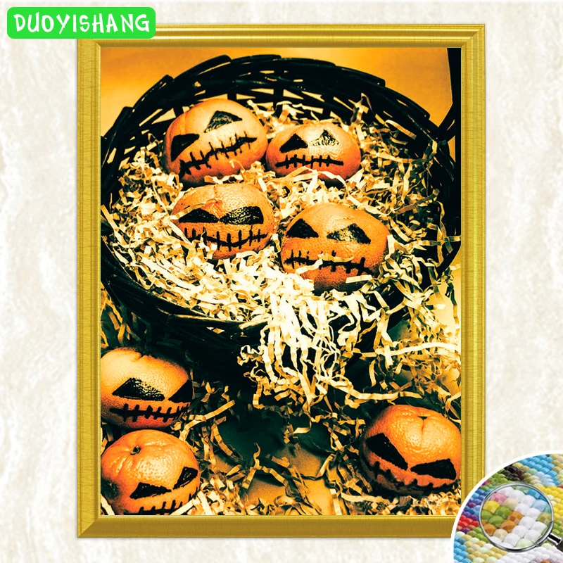 Корзина с маленькими тыквами для декора Хэллоуина DIY Алмазная картина полностью