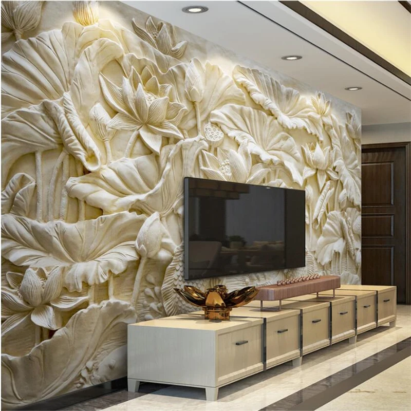 

wellyu wall papers home decor Custom wallpaper 3D Stone Carving Lotus Carp Relief TV Wall papel de parede papel pintado