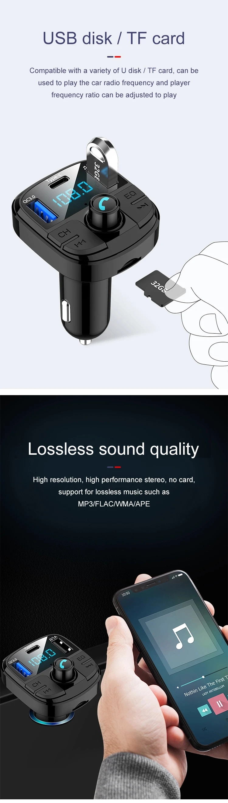 JINSERTA Latest Bluetooth 5.0 Car FM Transimtter QC3.0 Quick Charger Type-c FM Modulator TF USB Pendrive Music Car MP3 Player