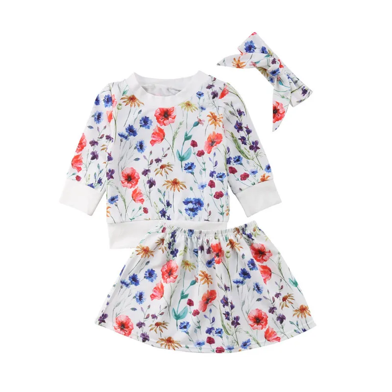 3Pcs Autumn Baby Girls Clothes Set 2018 Cute Toddler Girl Long Sleeve T-shirt Tops+Tutu Skirt Flower Printed Sets | Мать и ребенок