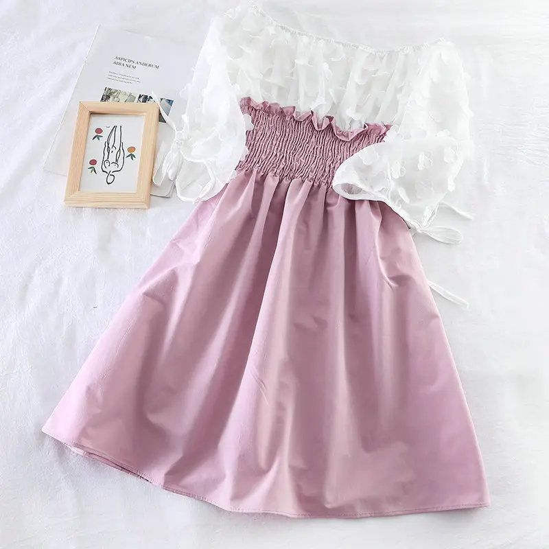 Women Dress Для женщин летние Slash шеи Половина Фонари рукав бандаж, с цветочками, с ремешком в виде буквы; шифоновое плиссированное платье Винтаж эластичные тонкие вуаль вечерние мини-платье - Цвет: Women Dress