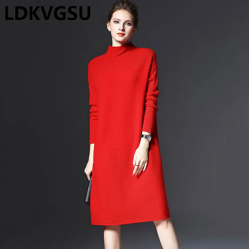 Осень-зима 2018 новинка простое женское вязаное платье с длинными рукавами и