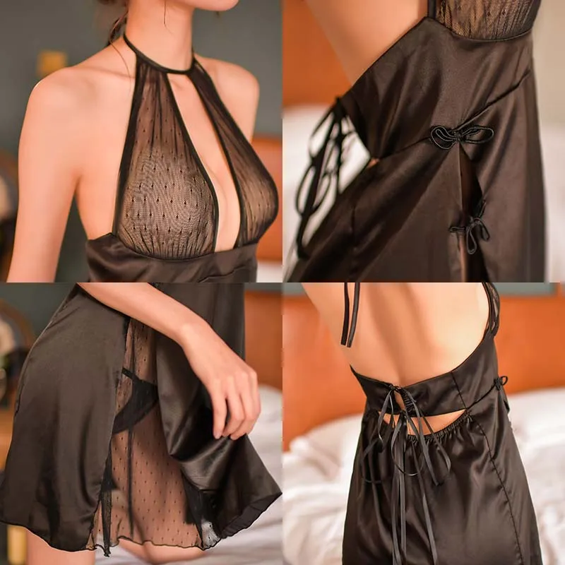 

Yhotmeng sexy temptation ladies hanging neck mesh gathered lace straps skirt hollow backless transparent fairy nightdress suit