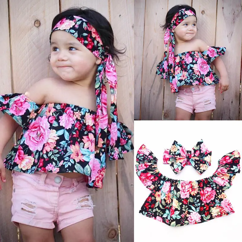 Новинка 2018 летняя милая детская блуза с открытыми плечами и цветочным принтом