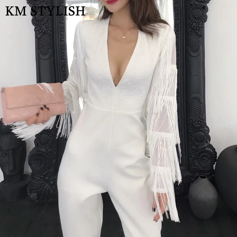 

Autumn Women's Tide Brand 2019 New Long Sleeve Deep V-neck Tights High Waist Solid Color Black White Tassels Jumpsuit
