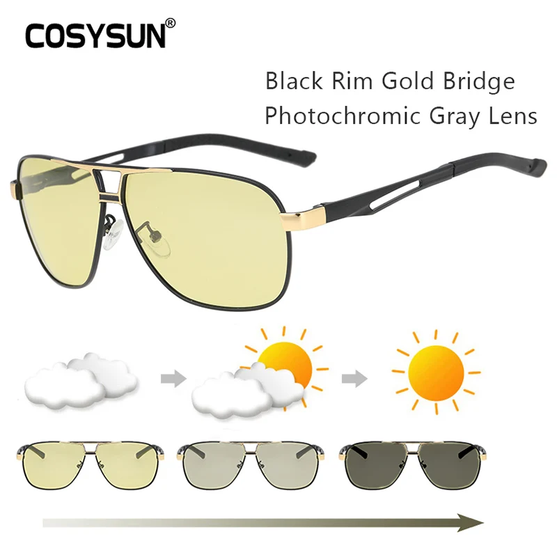 BlackGoldRim To Gray Всесезонные фотохромные очки, мужские солнцезащитные очки с большой оправой для вождения, Мужские поляризационные очки, очки для вождения автомобиля, антибликовые 521 - Цвет линз: BlackGoldRim To Gray