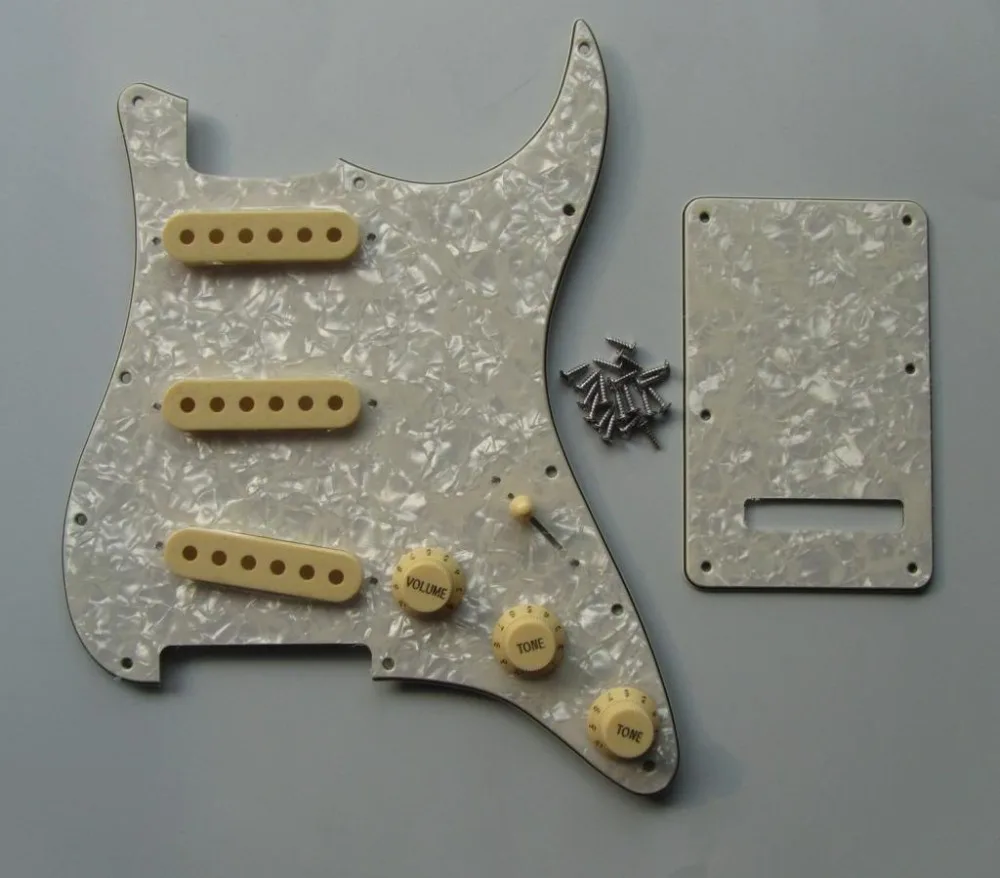 

ST Pickguard Back Plate Aged Pearl with Cream Pickup Covers Knobs Tip