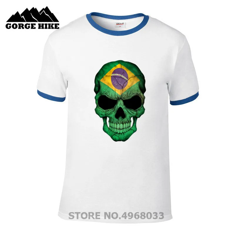 Мужская футболка с принтом черепа белая бразильским флагом Повседневная дышащая