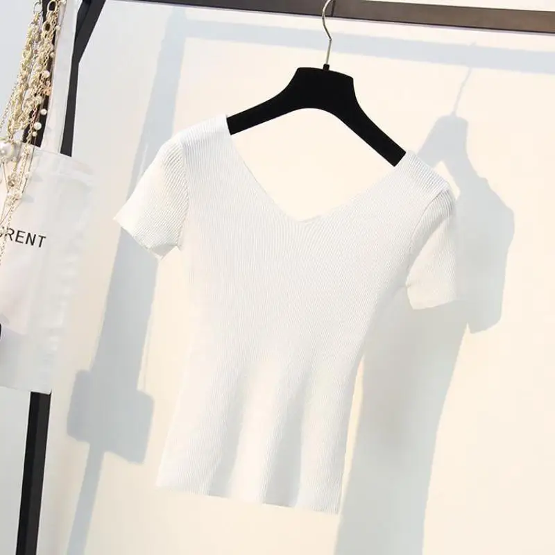V-neck Slim Knitting Tees Women 2019 Summer Stretch Sweaters Ladies Pullovers Female Tops Grey White Black Knitwear High Quality | Женская
