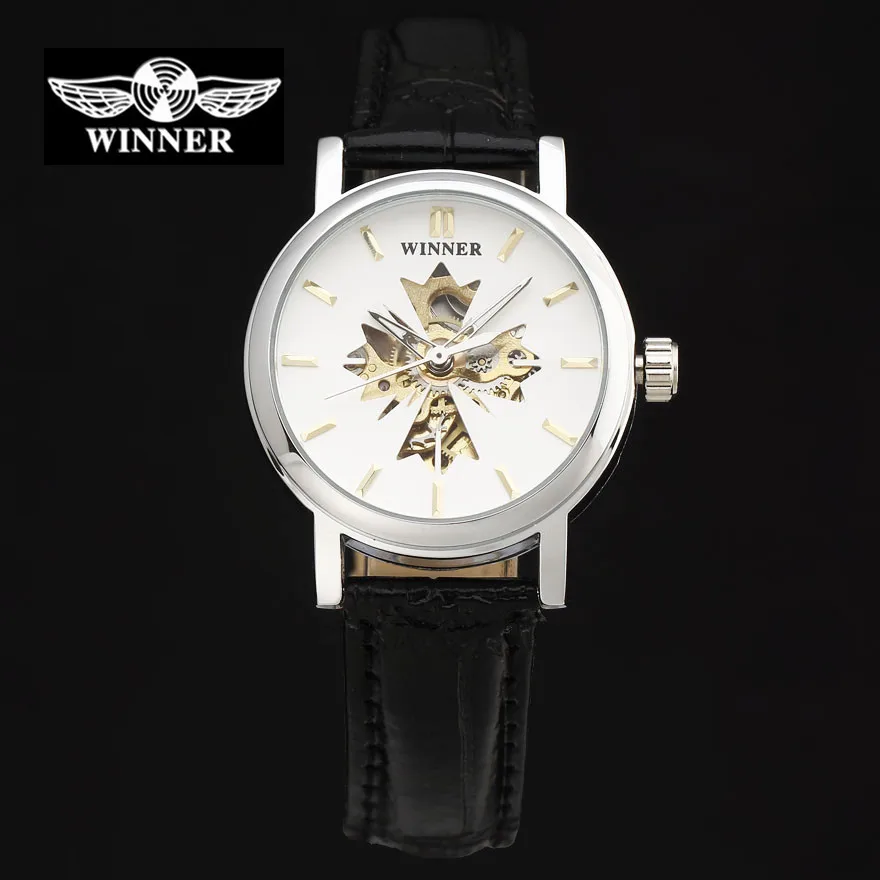 Победитель Марка Для женщин Часы скелет механические Женские часы черный