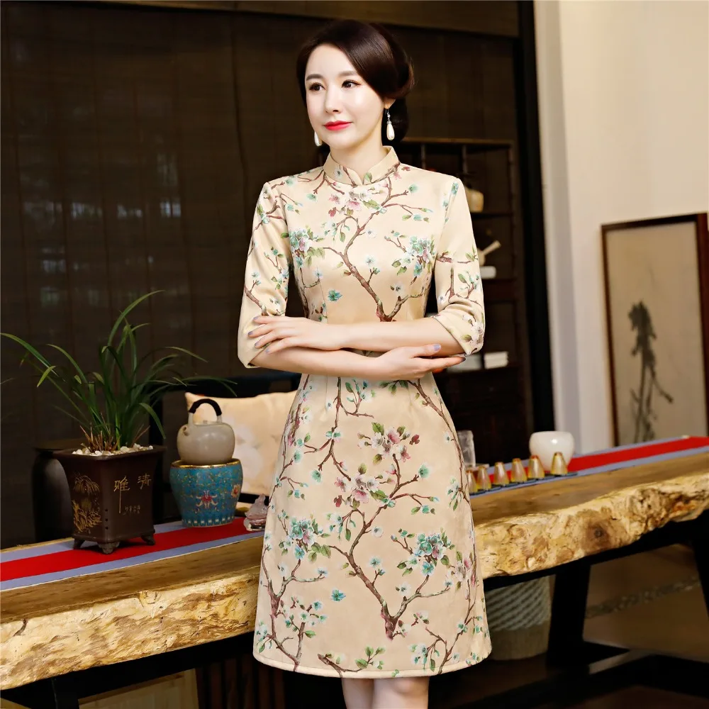 Шанхай история цветочный принт замшевое китайское платье 3/4 рукав Qipao