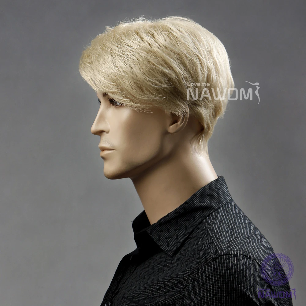 European Kanekalon Side Swept Bang Blonde Ear Length Hairstyle Straight Men Wigs with Wig Cap and Adjustable Buckle | Тематическая