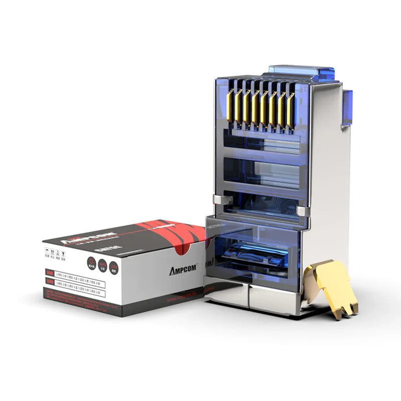 Синий AMPCOM CAT5e экранированный RJ45 модульный разъем 8P8C обжимной Конец Ethernet кабель Ethernet разъем позолоченный 50U - Цвет: Синий