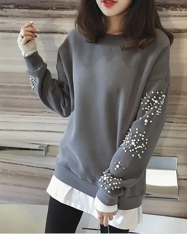 grey Осень и зима новые корейские Поддельные Две части свободные женские футболки из бисера с длинным рукавом фланелевые Топы повседневные корейские рубашки для женщин - Цвет: grey