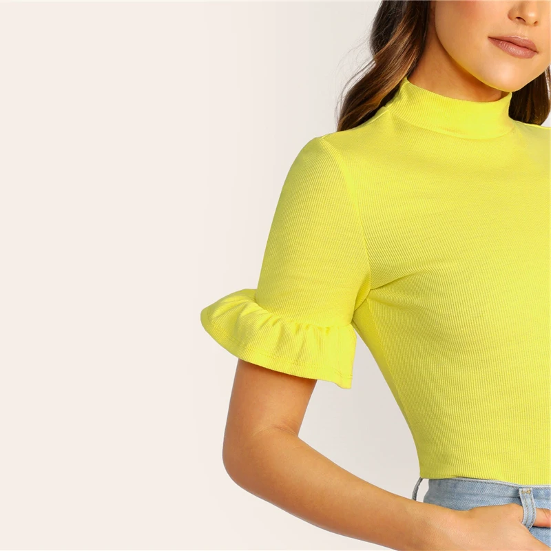 SHEIN модная футболка с воротником-стойкой и манжетами,, элегантная женская одежда, летняя футболка, топы с рукавами-стойкой
