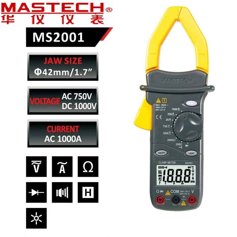 MASTECH MS2101 1000A AC/DC Цифровой клещи DMM Hz/C измеренная Емкость Частота Температура 4000