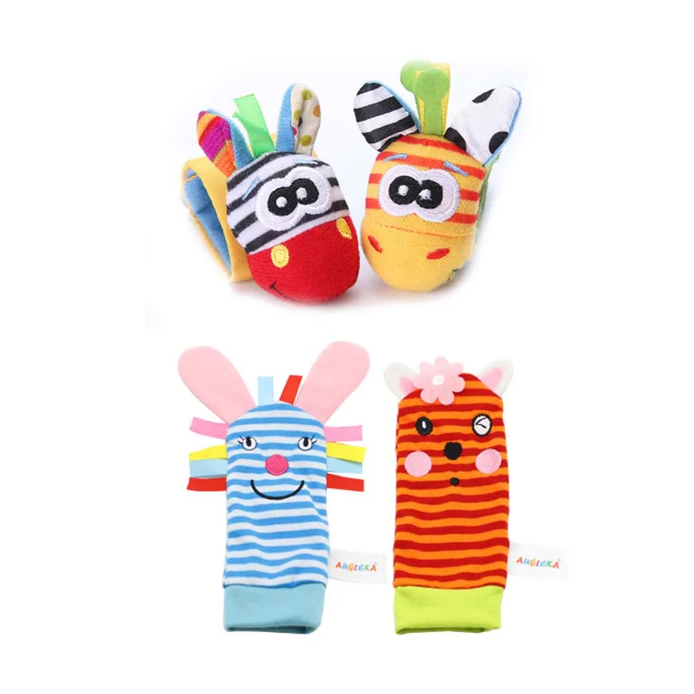 4PCS3 Cartoon Baby Toys 0-24 Months Soft Animal Baby Rattles Children Infant Newborn Plush Sock Baby Toy Wrist Rattle Foot Socks - Цвет: 4PCS3