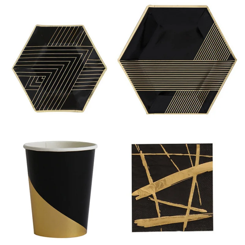 

Черная серия, золотые блокирующие одноразовые столовые приборы, детский праздник для дня рождения, свадебное украшение