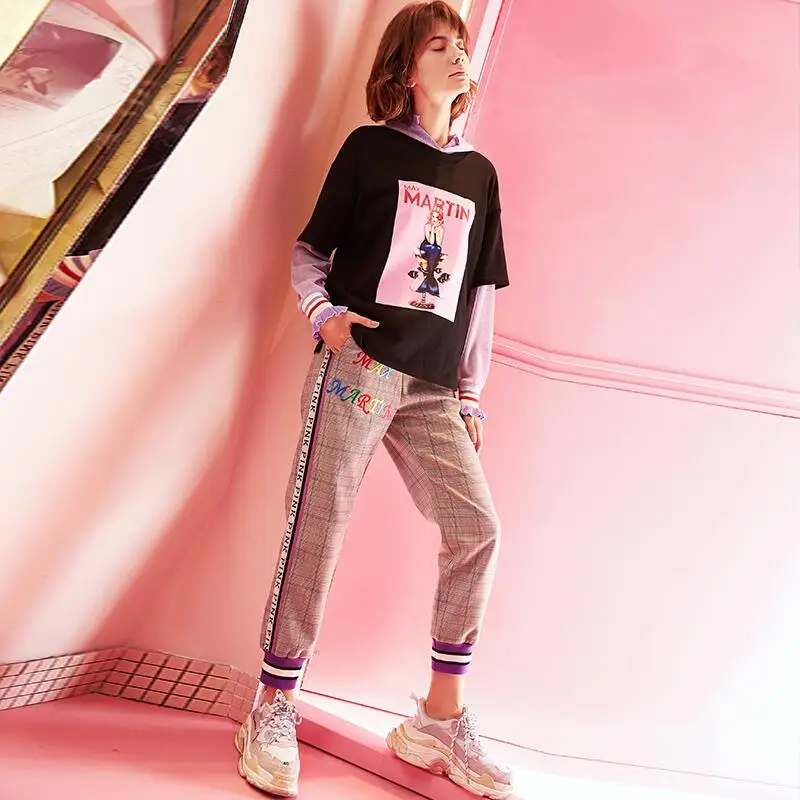 2019 весна вышивка письмо свободные брюки женские Новое поступление Высокая талия