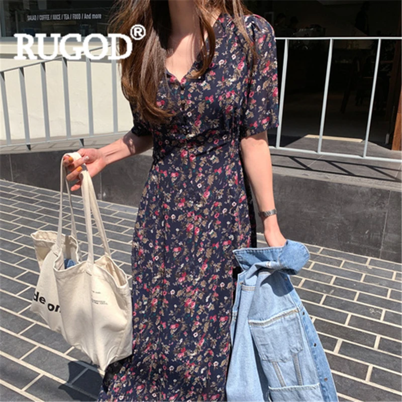 dark blue RUGOD женское шифоновое длинное платье с цветочным принтом, v-образный вырез, короткий рукав, тонкая Империя, элегантное винтажное платье макси, новое летнее корейское платье - Цвет: dark blue