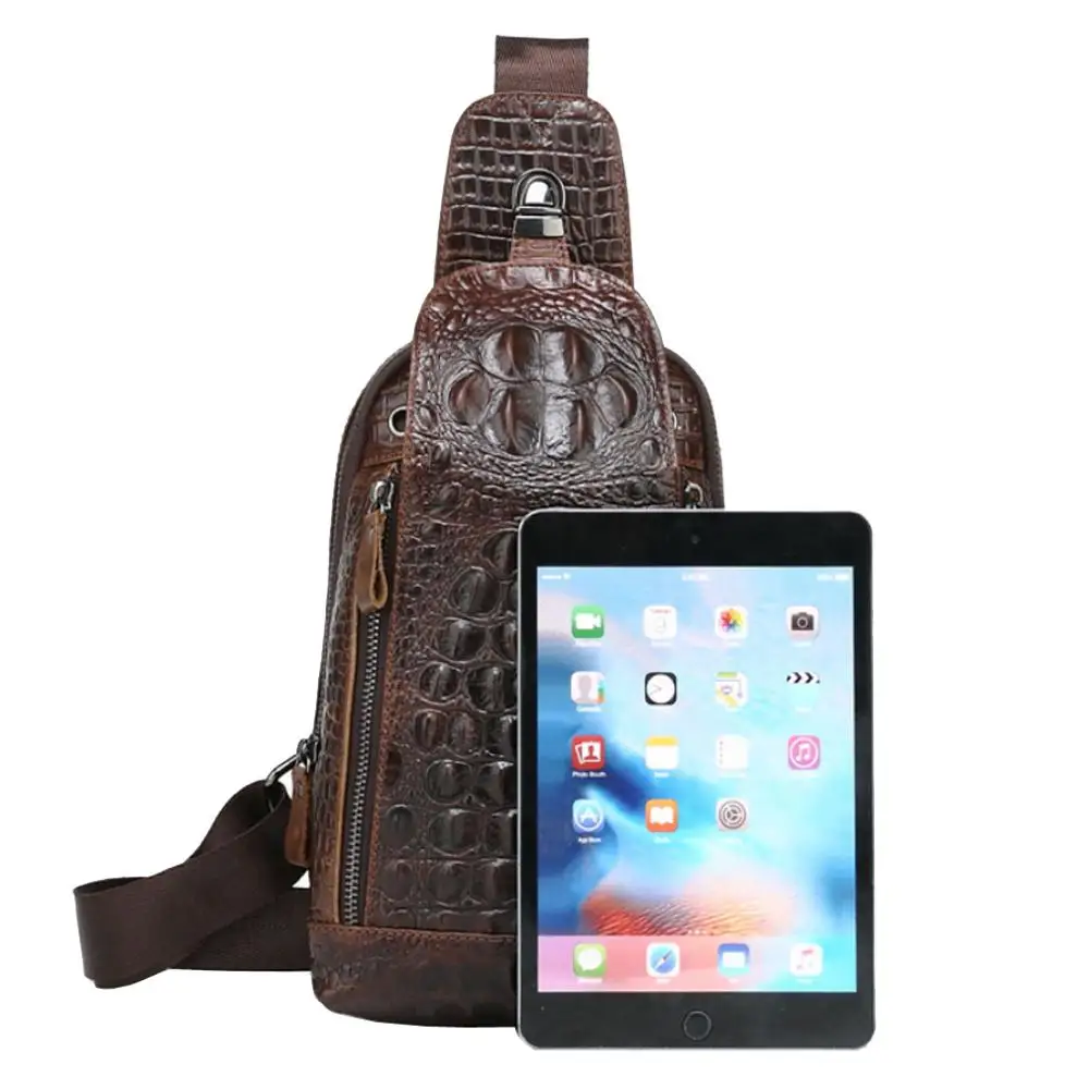 Винтажная мужская кожаная сумка слинг нагрудная Сумочка с крокодиловым узором