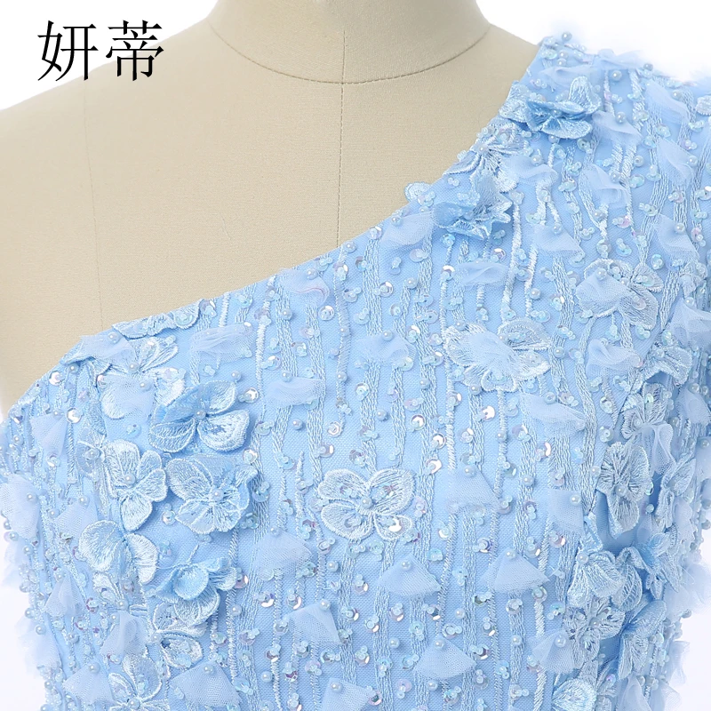 Элегантное светильник-голубое кружевное вечернее платье-трапеция с бисером