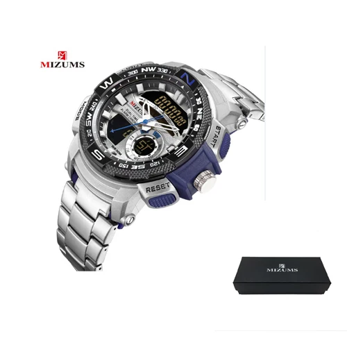 blue with box Роскошный бренд Mizums часы Мужские кварцевые мужские s наручные часы водонепроницаемые 2 раза будильник электрические цифровые спортивные мужские часы relogios - Цвет: blue with box