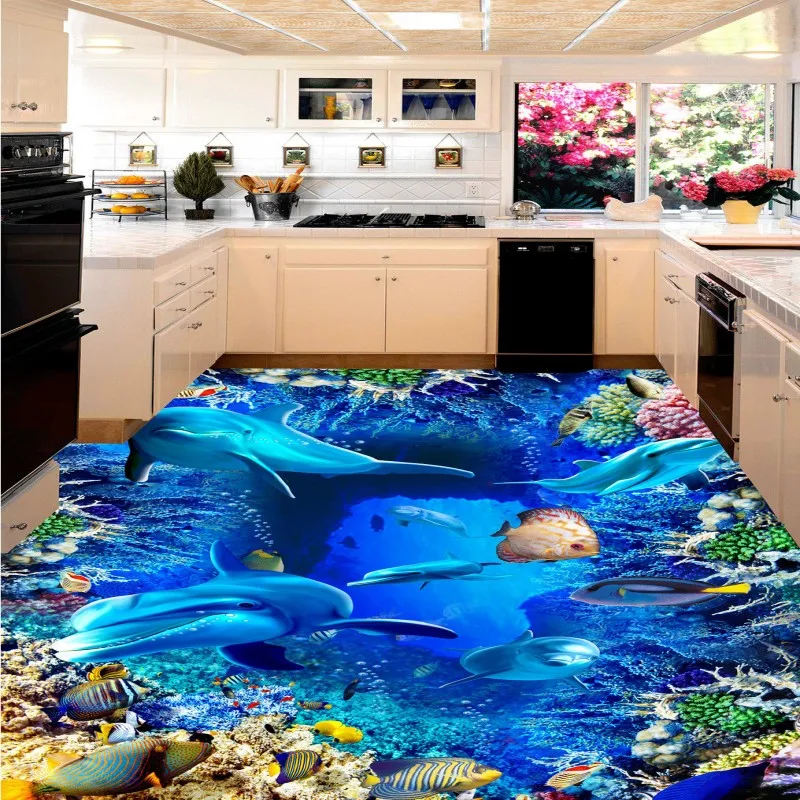 

Free shipping custom thickened waterproof Underwater world bathroom 3D art flooring living room children room floor wallpaper