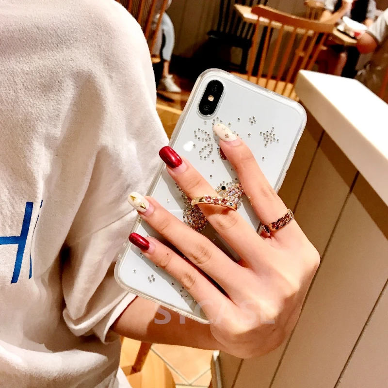 SYCASE Fashion Women Clear Cover For iPhone 6 6S 7 8 Plus X XR Xs Max case Diamond Finger Ring Stand Hold Cute Girl phone |