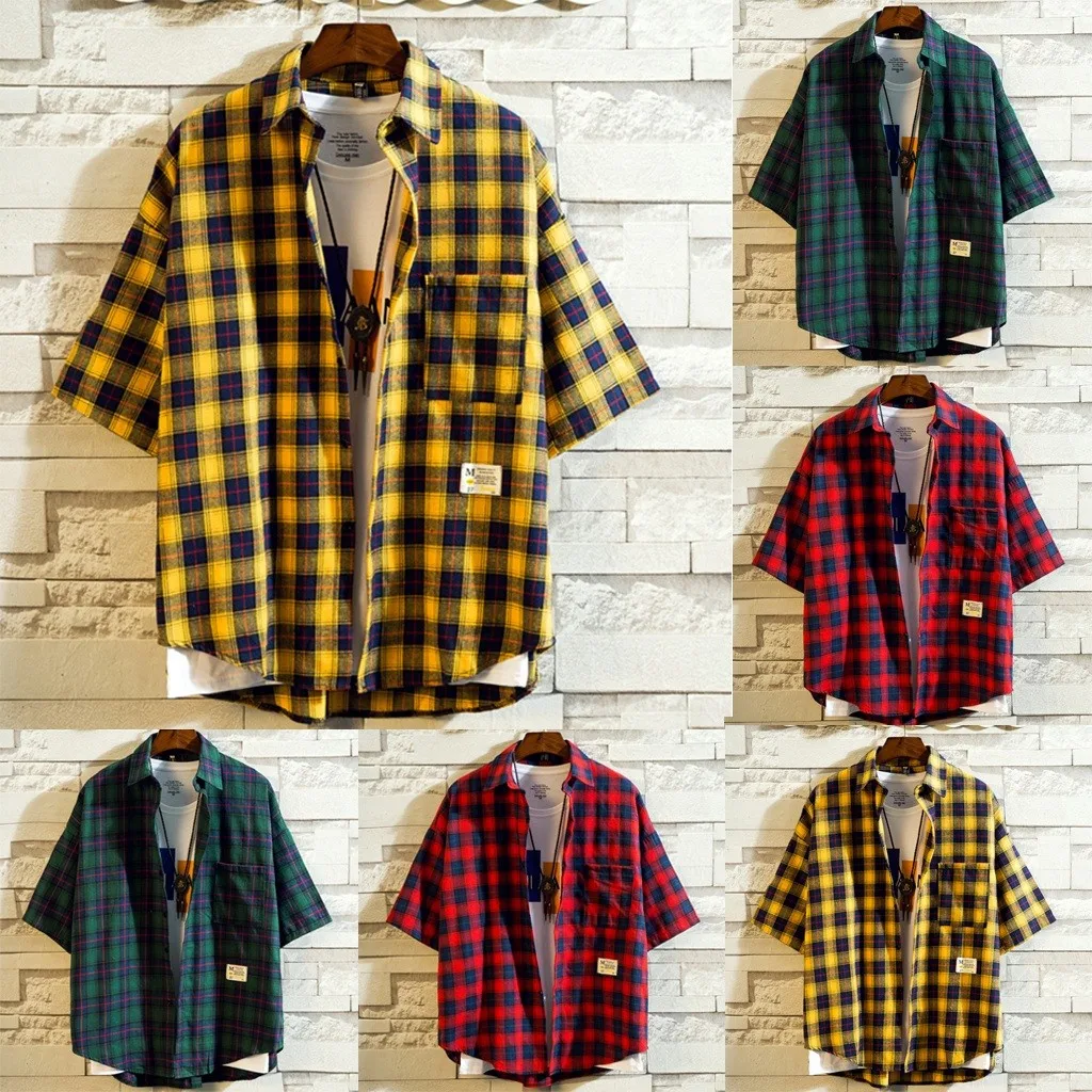 Мужская рубашка в клетку простая Удобная блуза с короткими рукавами топ M 3XL