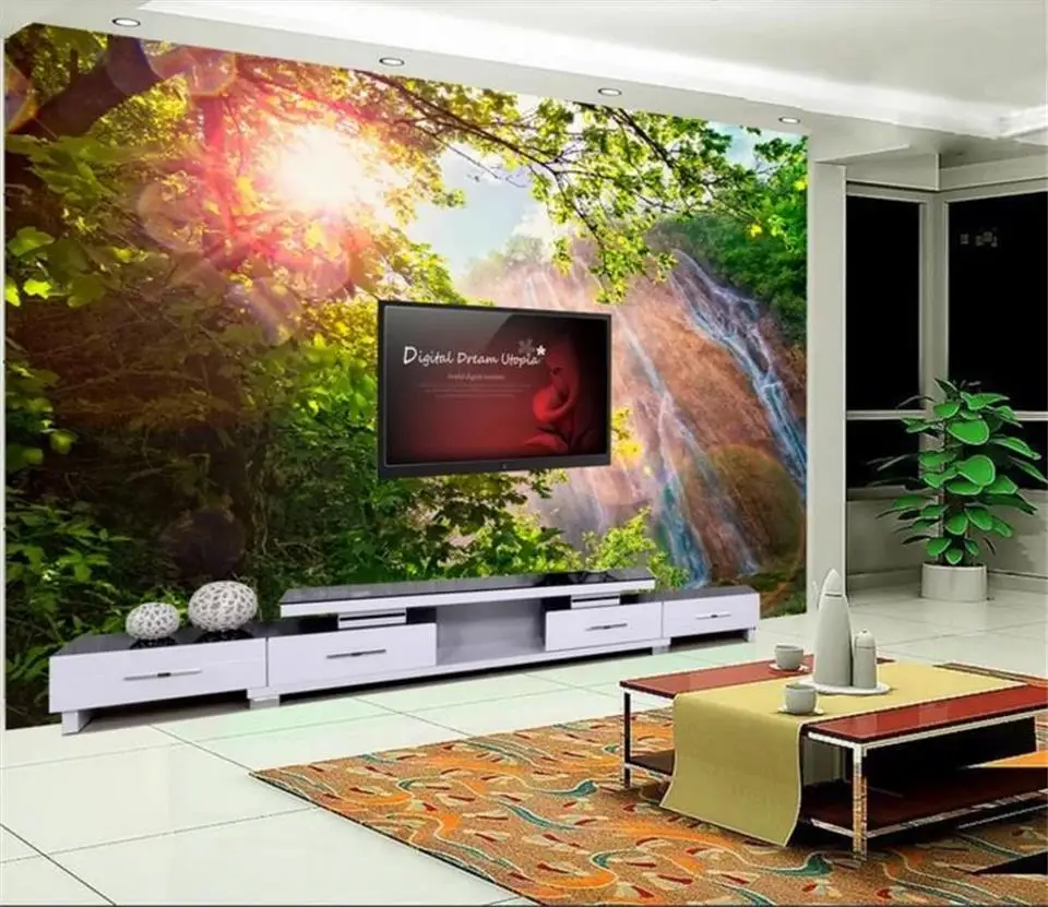 

3d photo wallpaper custom living room mural green trees waterfall forest 3d picture background wall mural wallpaper for wall 3d