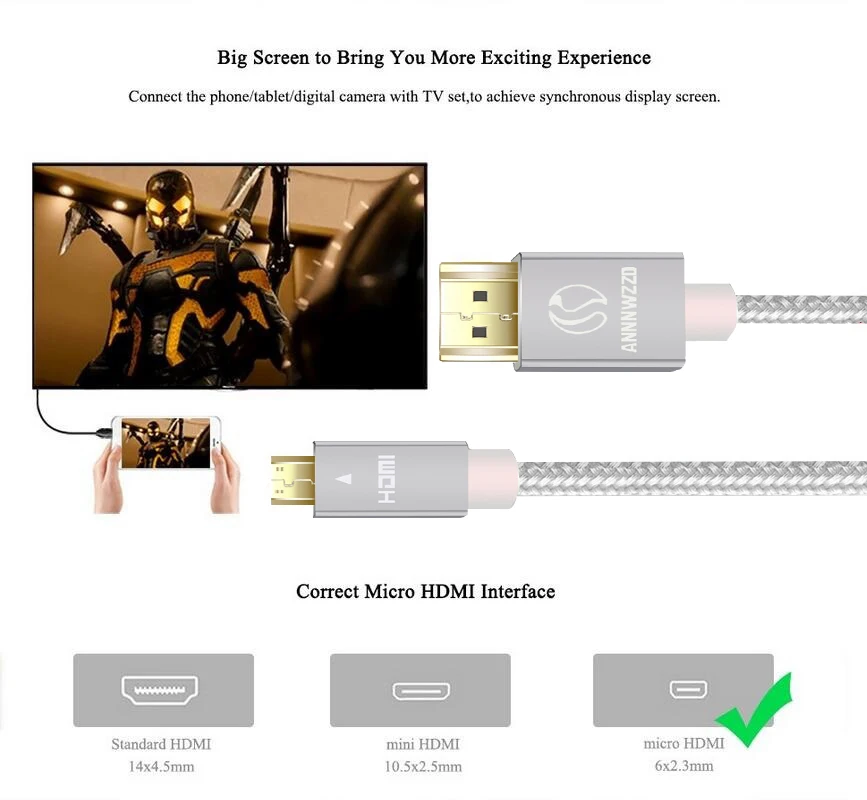 Кабель Micro HDMI, HDMI Тип D к HDMI тип A поддержка 3D, 4K для оборудованных смартфонов BlackBerry Z30, Asus Zenbook Tablet, Go Pro