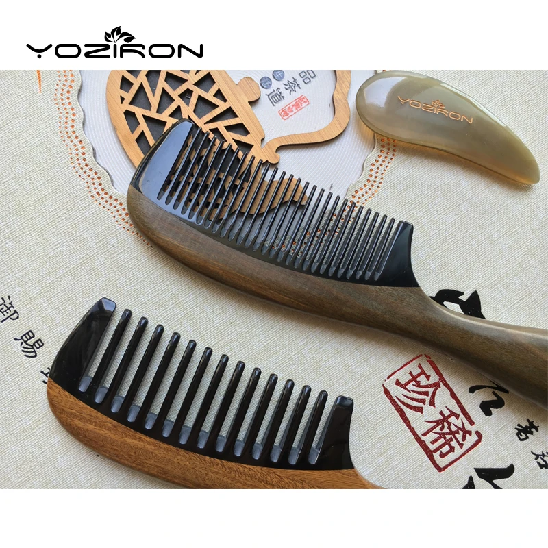 YOZIRON ручная работа зеленые сандаловые деревянные бычьи рога расчески для волос