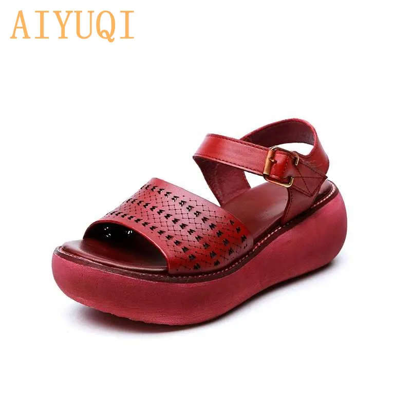 AIYUQI/женские босоножки на платформе; Туфли на танкетке; Новинка года; женские босоножки из натуральной кожи с открытым носком в стиле ретро; женская летняя обувь - Цвет: red