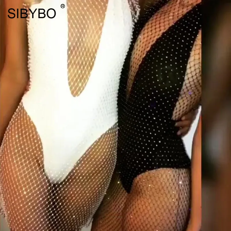 Женское ажурное платье SIBYBO прозрачное облегающее с вырезами и стразами вечерние