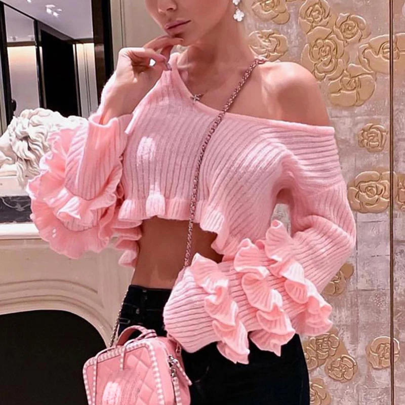 Women Clothing Ruffles O Neck Long Sleeve Pink Slim Sexy Slash Sweater Office Ladies Short Style Fashion Knitwear SJ2915M | Женская