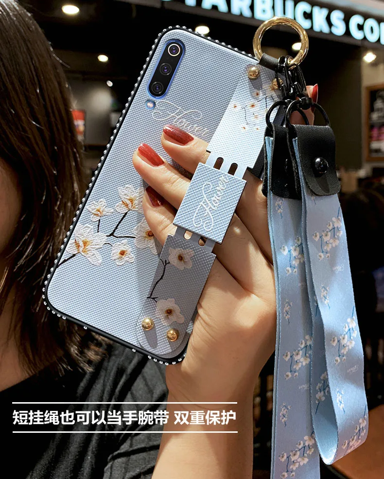 For Xiaomi Mi 9 Case Soft Fashion With wristband diamond Flowers Protective Back Cover for xiaomi mi9 phone shell |