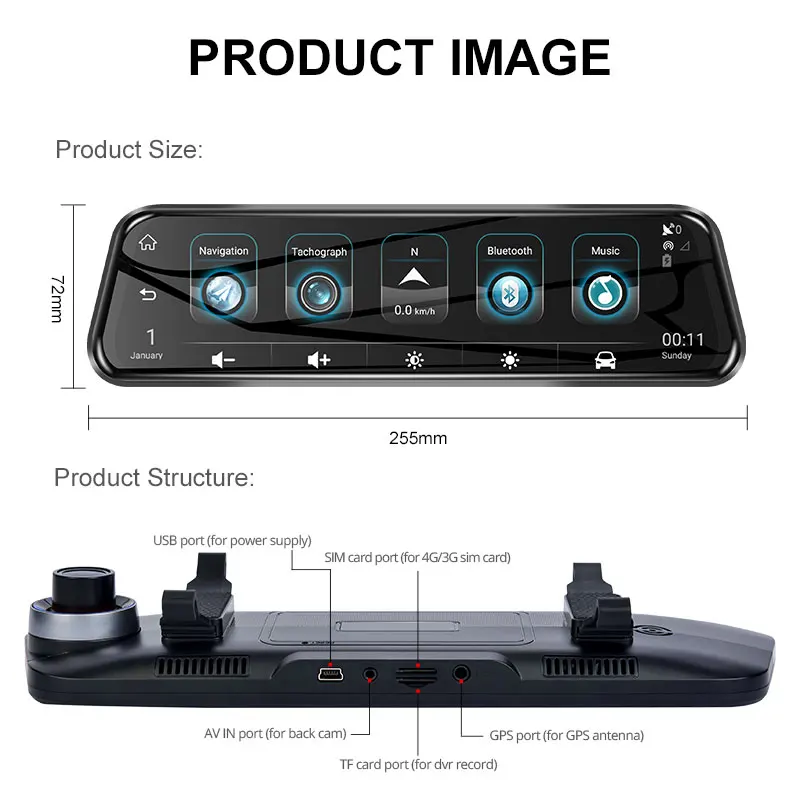Автомобильный видеорегистратор 10 ''с двумя объективами ADAS 4G 1080P GPS Bluetooth Wi Fi