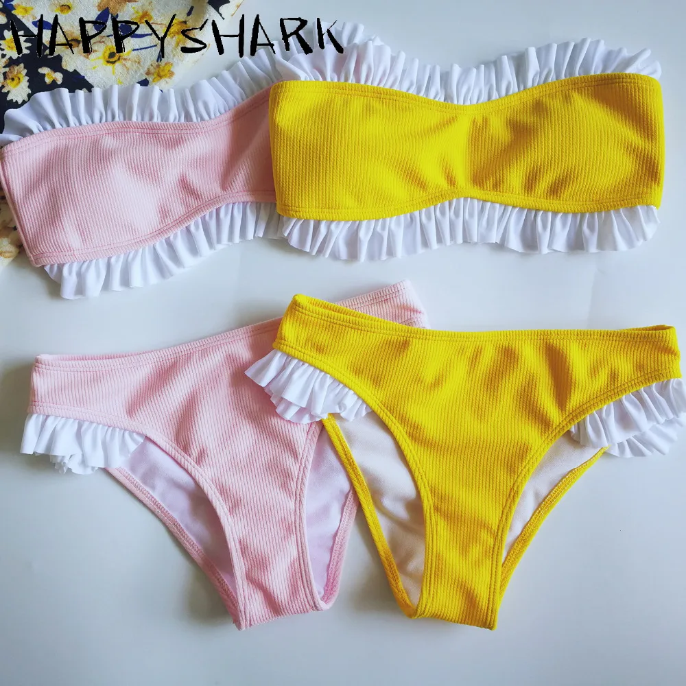 

HAPPYSHARK Sexy Bandeau Bikinis Set 2019 New Stripe Ruffel Edge Swimsuit Brazilian Biquinis Lotus 2 Pcs Swimwear Maillot De Bain