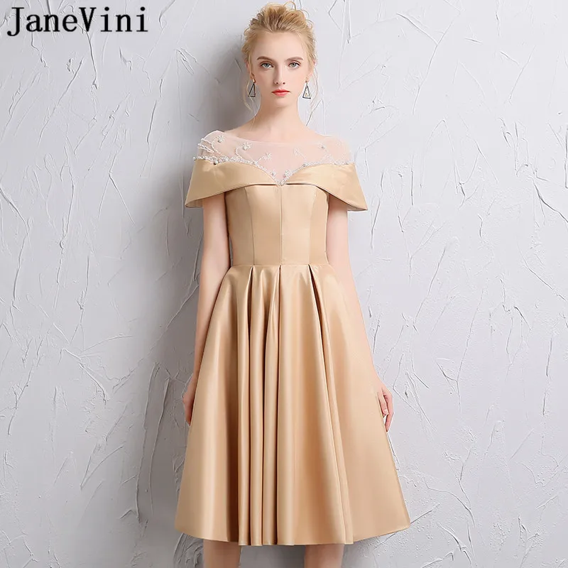 

JaneVini Charming Champagne Satin Short Bridesmaid Dresses A Line Sheer Scoop Neck Beads Knee Length Formal Prom Gowns for Women