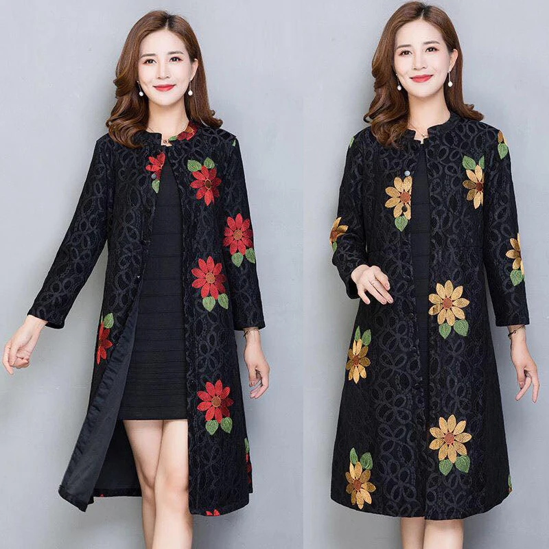 Женский Тренч из кареточной ткани с цветочной вышивкой 5xl 6xl|Женские плащи и