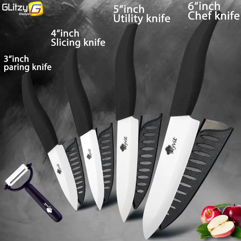3456 WHITE BLACK Керамический нож 3, 4, 5 дюймов+ 6 дюймов, кухонные ножи, набор для хлеба с зубцами+ Овощечистка, циркониевый черный нож, нож для шеф-повара, Vege, инструмент для приготовления пищи - Цвет: 3456 WHITE BLACK