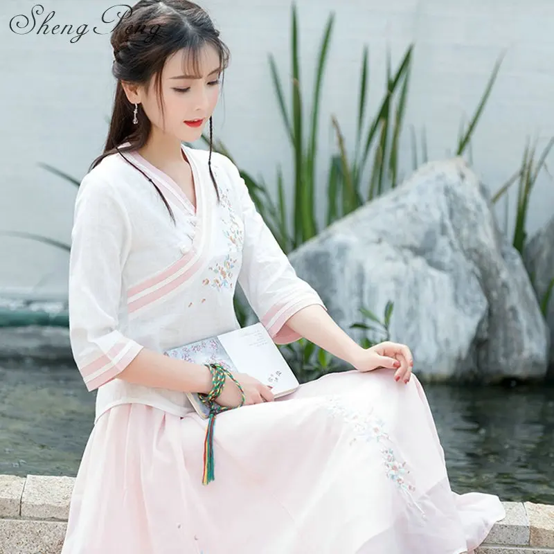 Китайский традиционный костюм cheongsam Топ льняная рубашка для женщин Элегантный Хлопок и лен воротник стойка блузки CC384