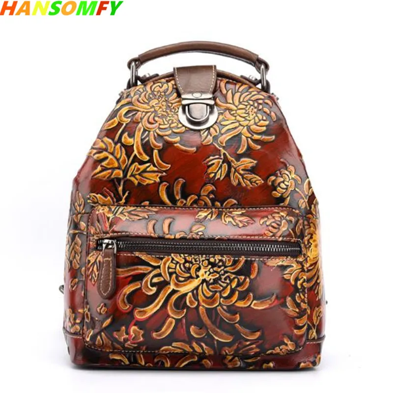 2018 Women Big Capacity Backpack Creative Floral Three-dimensional Embossed Female Shoulder Bags Color Cow Leather Vintage